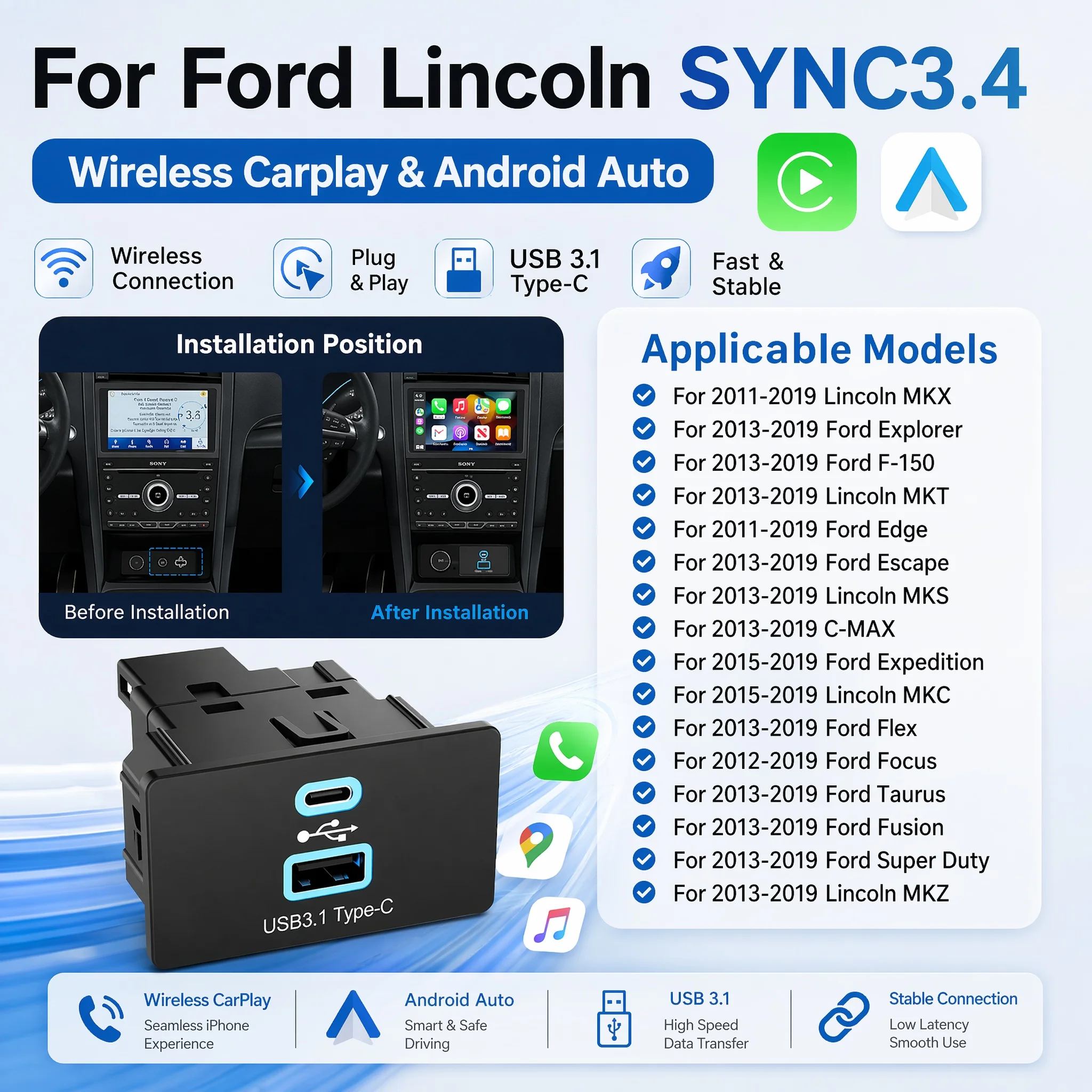 For Ford & Lincoln F150 Mustang Mondeo Sync 3.4 Models carplay&Android Auto Wireless Apple Carplay 2 USB Hub Module Upgrade