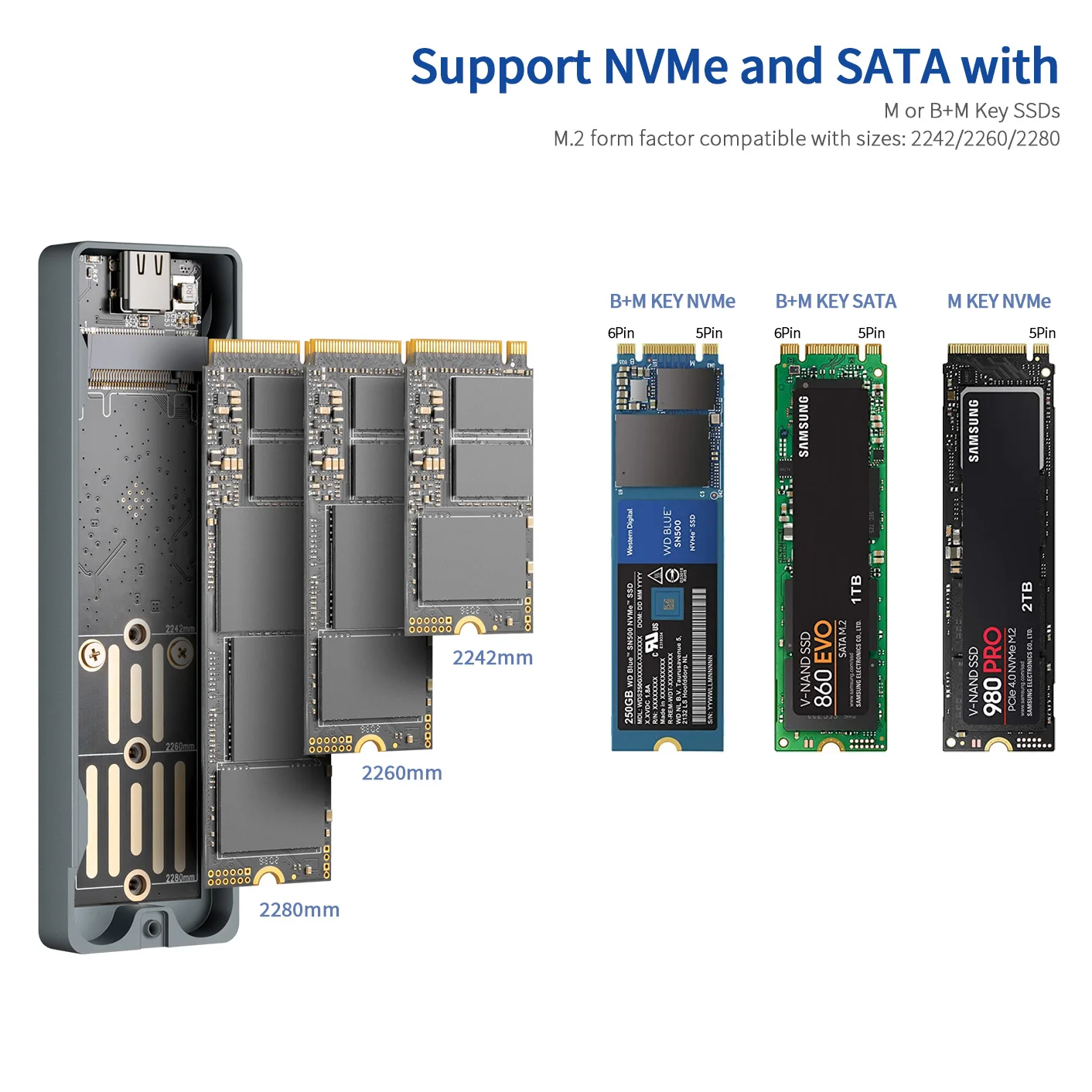 UnionSine Double Protocole M2 NVMe NGFF SATA SSD Cas 10Gbps HDD SSD Boîte à USB3.1 Boîtier Externe pour 2242 2260 2280