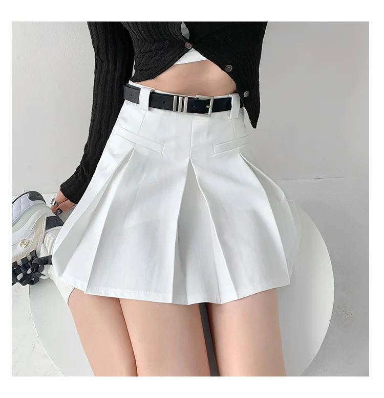 

High Waist Pleated Skirt with Belt American University Spicy Girl Slim Fit Suit Skirt Design Sense Slim Pocket V227