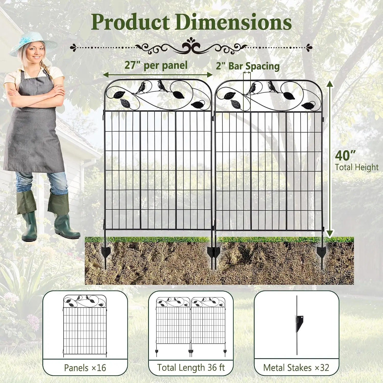 Metal Garden Fence 40in x 36ft 16 Pack Rustproof No-Dig Triangular Stakes Flexible Flower Beds Paths Yards Patio, Customized