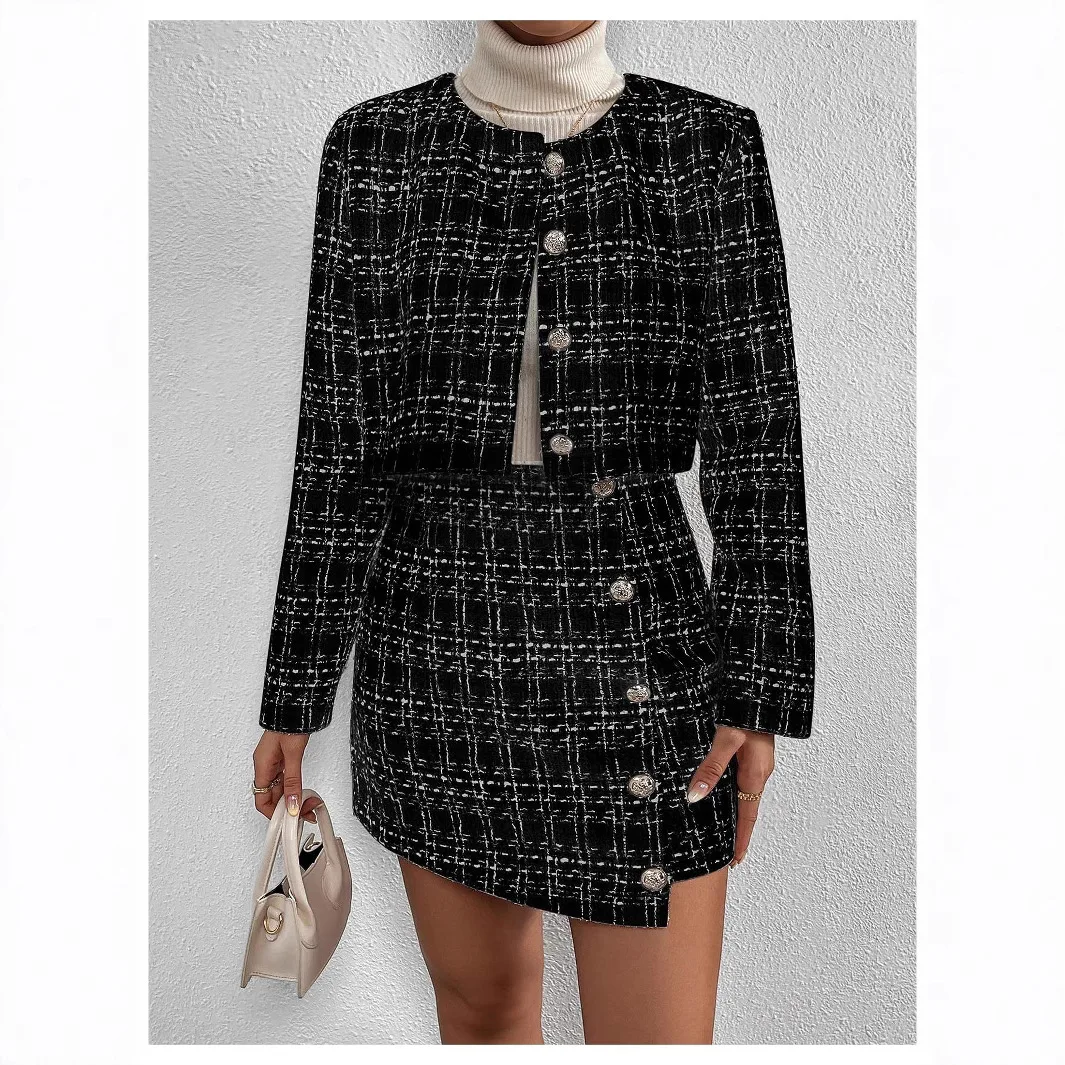 女性のチェック柄粗いウール 2 ピーススーツジャケット + ハーフスカート 2025 新作春と秋のスタイルの婦人服