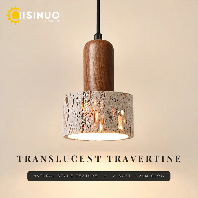 Travertine Walnut Wood Pendant Light Wabi Sabi LED Hanging Lamp Height Adjustable Cable for Bedroom Bedside Bar Dining Villa Dec