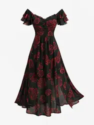 Plus Size Rose Flower Print Ruched Split A-Line Dress 2026 New Arrived Women's Elegant Casual Maxi Dress Robe Vestidos