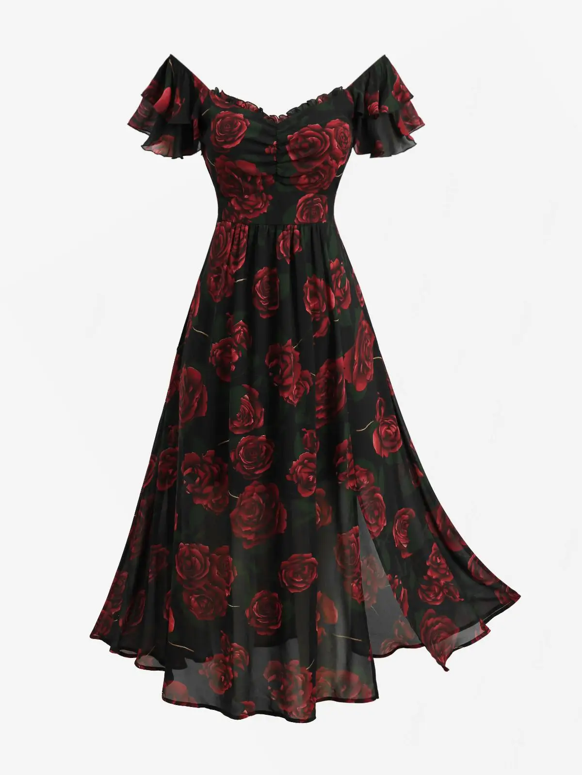 Sukienka maxi ROSEGAL Plus Size z kwiatowym wzorem róż, marszczeniami i rozcięciem, fason A-line, nowość 2026, elegancka, codzienna sukienka damska, szata, vestidos