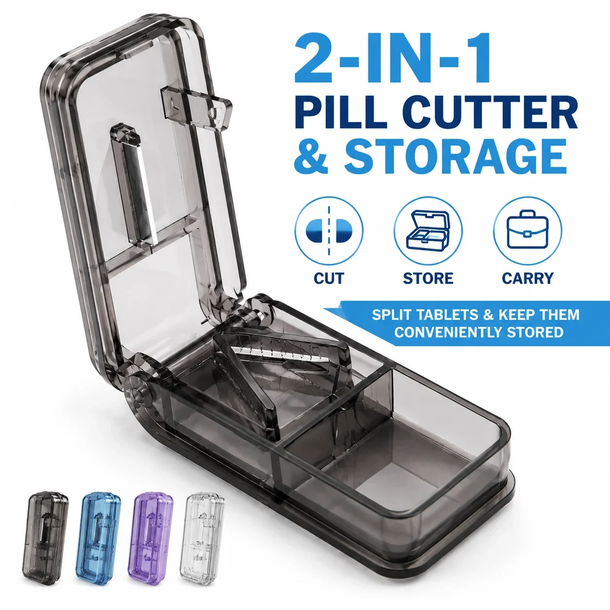 2 In 1 Pill Cutter with Dual Storage Compartments Portable Tablet Splitter Stainless Steel Blade Travel Mini Medicine Pill Box O