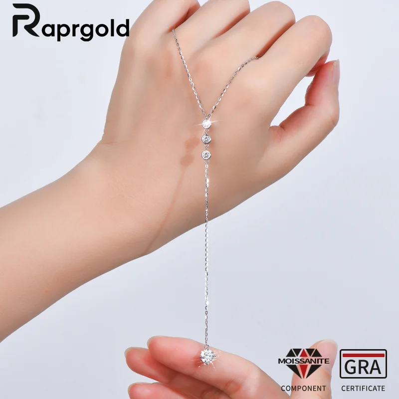 

RAPRGOLD GRA Certified Moissanite Pendant Necklaces for Women Real 925 Sterling Silver Y-shape Chain Wedding Choker Jewelry Gift