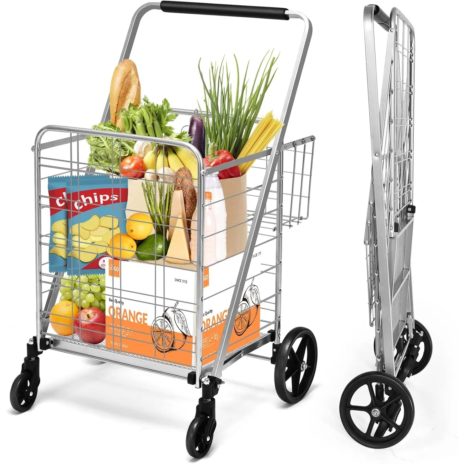 Folding Shopping Cart, Extra Jumbo Double Basket Grocery Cart with 360° Swivel Rolling Bearing Wheels, Dense Metal Mesh Base