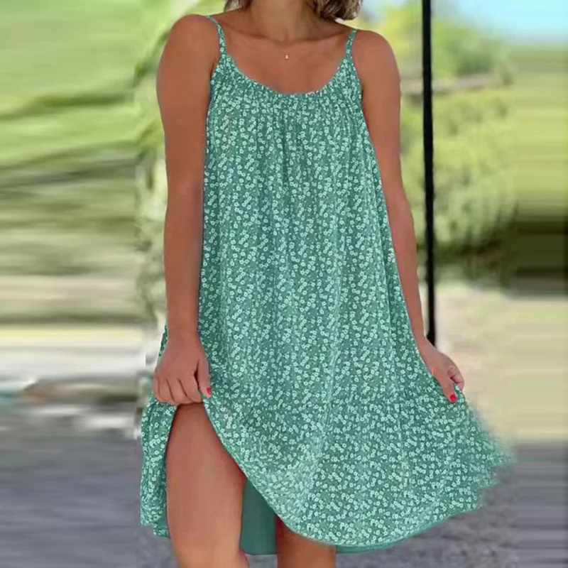 Vestido feminino elegante plissado solto para praia, sem mangas com decote em O, vestidos casuais com estampa floral, verão, novo, 2023