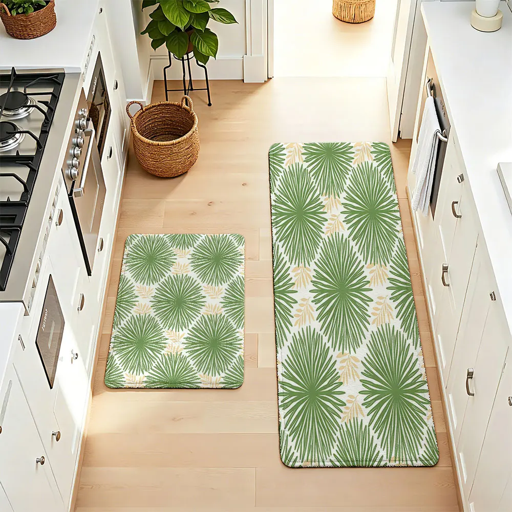 2pc Green Leaf Plants Print Washable Kitchen Floor Mats with Tree Leaf Dot Plastic Tufting Fashionable Kitchen Decoration Carpet