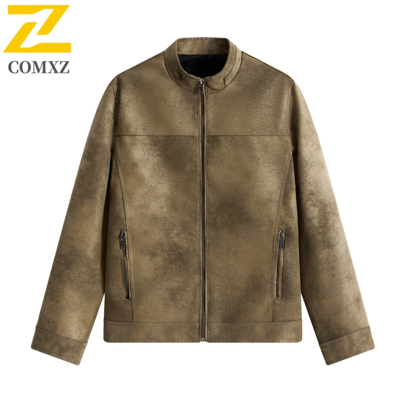 COMXZ Premium Men PU Leather Jacket Fashion Classic Stand Collar Camping Windproof Leather Coat Outdoor Durable Autumn Jackets ​