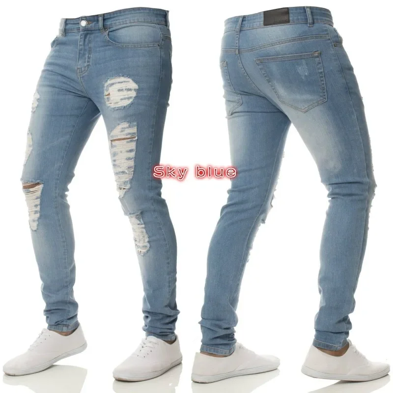 Street Style Ripped Skinny Jeans Men Pencil Pants Denim High Waist Slim Fit Sheath Holes Slight Strech Ankle Length Streetwear