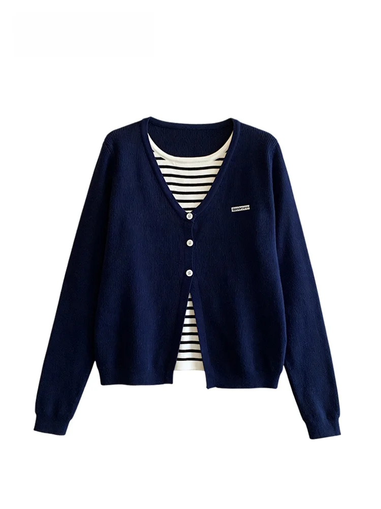 

Женский вязаный топ Long Sve больших размеров в полоску Academy Sle, осень-зима, Новое поступление, V-Ne, средней длины, на одной пуговице, Clo...