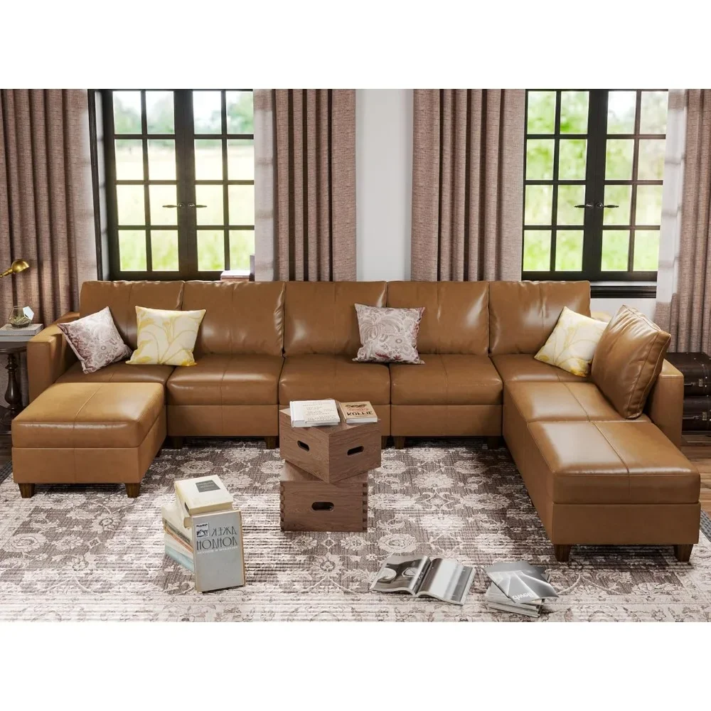 

Sofa Faux Leather Sectional Modular with Storage Ottomans, 8 Seat U Shaped couch Brown Convertible Sleeper Sectional Sofa