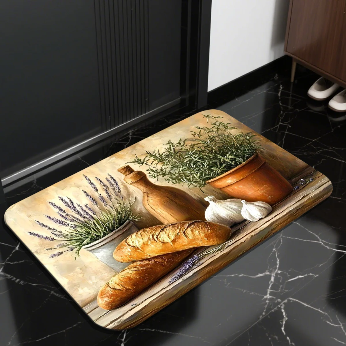 Rustic French Bread Kitchen Door Mat, Lavender Garlic Herb Print Floor Rug, Country Style Baking Theme Non-Slip Entrance Carpet