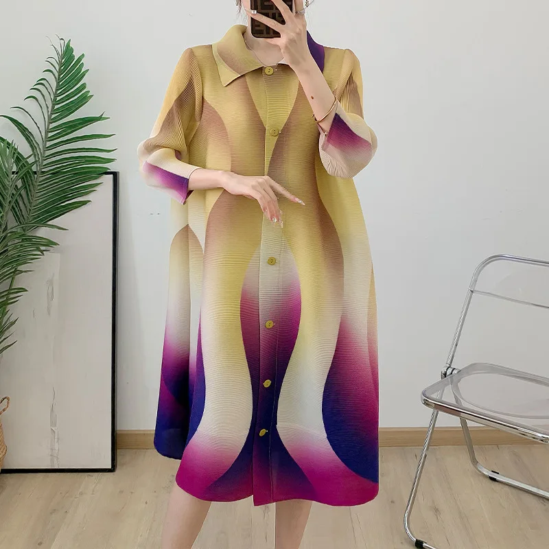 Miyake Pleated Gradient Cardigan 2025 Spring/summer New Comfortable Pleat Seven Quarter Sleeve Lapel Fashionable Outer Set