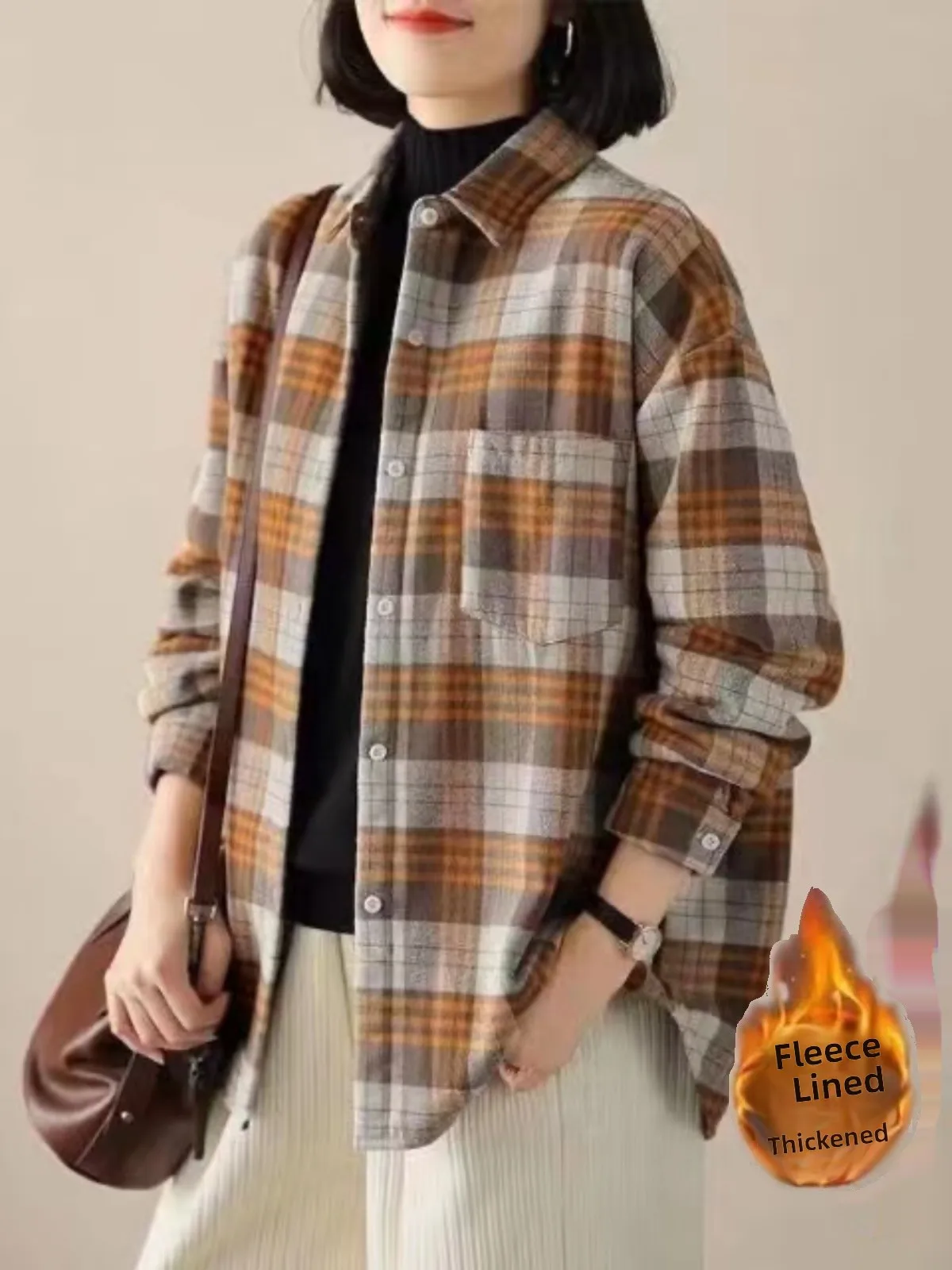 

Faionable Plaid Fce-Lined Long Sve irt Женская верхняя одежда длиной миди Свободный топ Модное пальто для мамы с воротником с бриллиантами ...