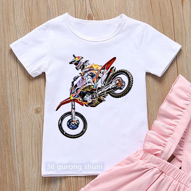 

T-shirt for Boys Cool Motorcycle Cartoon Print Boy Clothes Casual Kids Tshirt Summer Hiphop Teen T Shirt White Yellow Tops