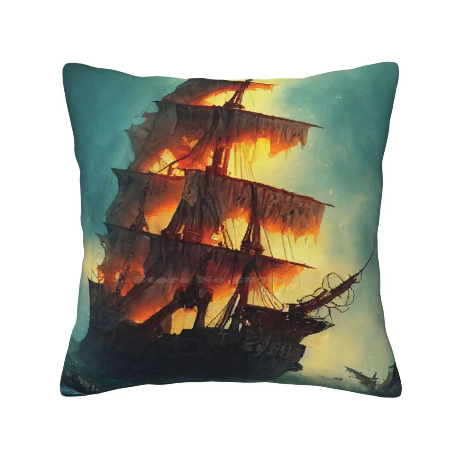 Rough Seas Throw Cushion Pillow Cover Sea Ocean Pirate Ship Boat Medieval Fire Night D D Fantasy Pixel Art 8 Bit Purdysdaw