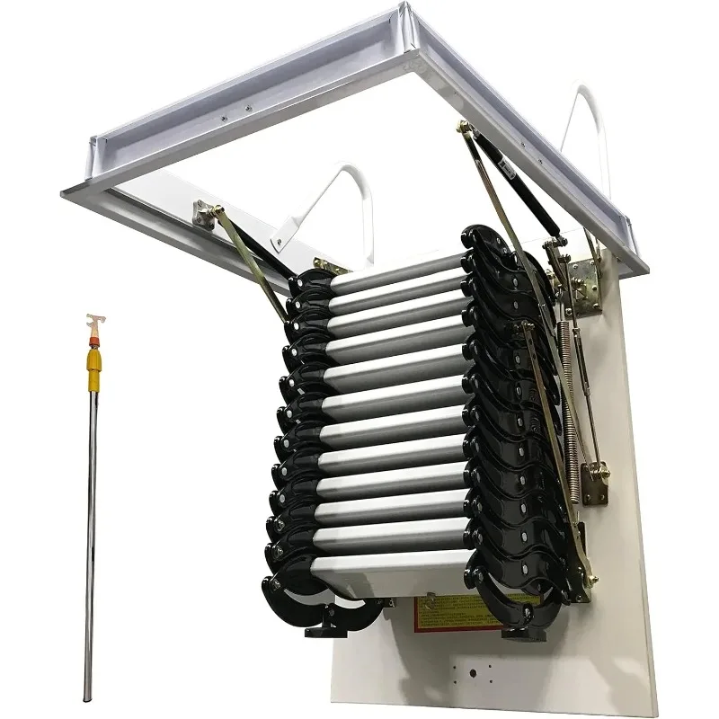 Telescopic Folding Ladder Hidden Black Handrail White Step Aluminum Magnesium Ceiling Installation 70*90CM