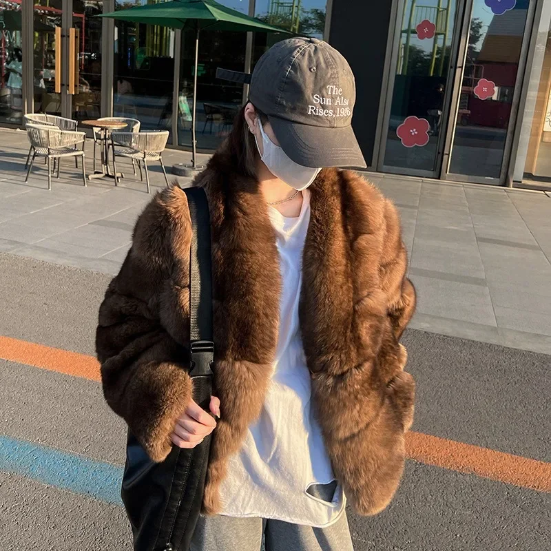 سميكة الدافئة السمور جولة الرقبة تقليد الثعلب الشعر المألوف الملابس الشباب الملابس النسائية الخريف الشتاء المرأة معاطف فو الفراء #1