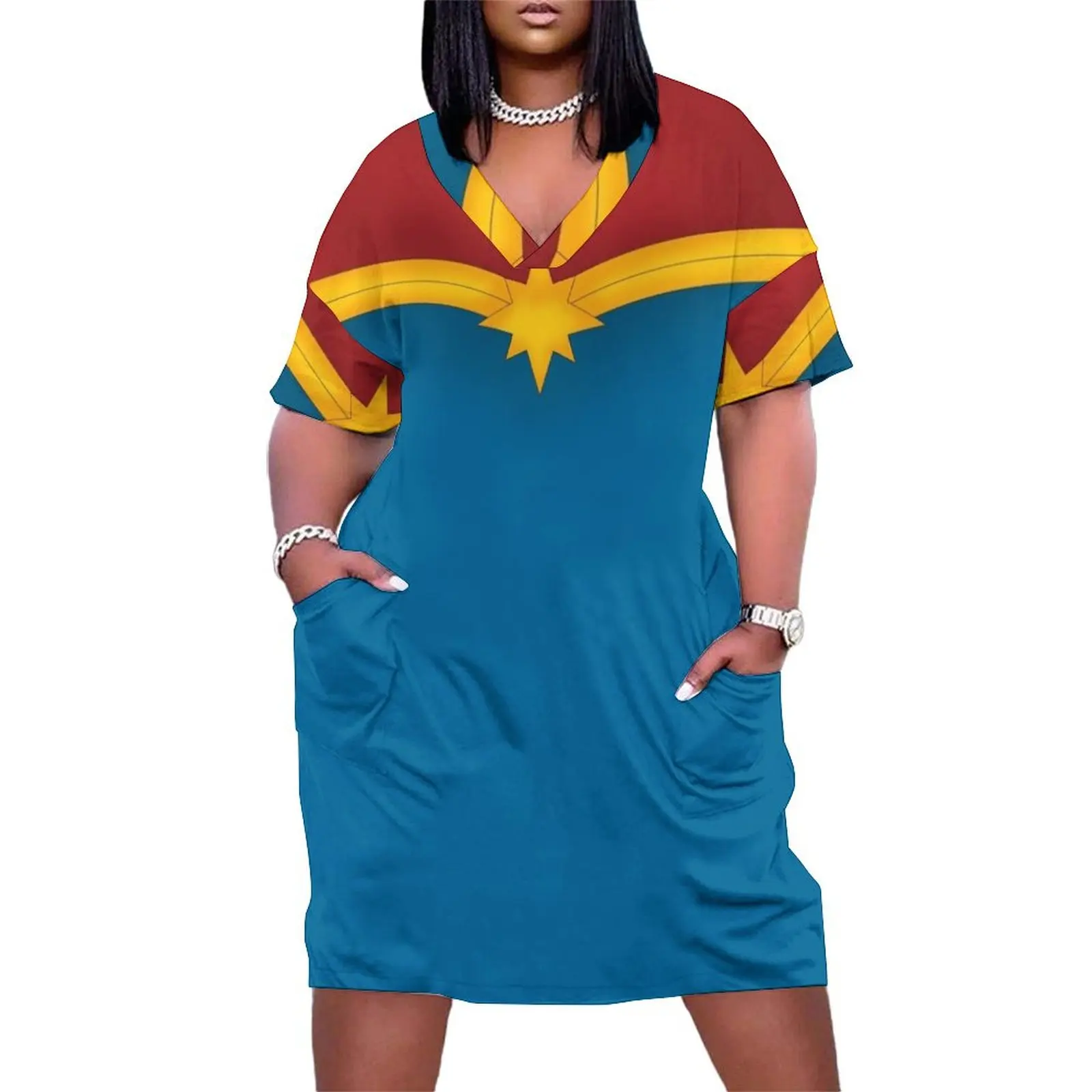 

Golden Star with Red and Blue Loose Pocket Dress Long veiled dresses luxury dress Women's summer skirt