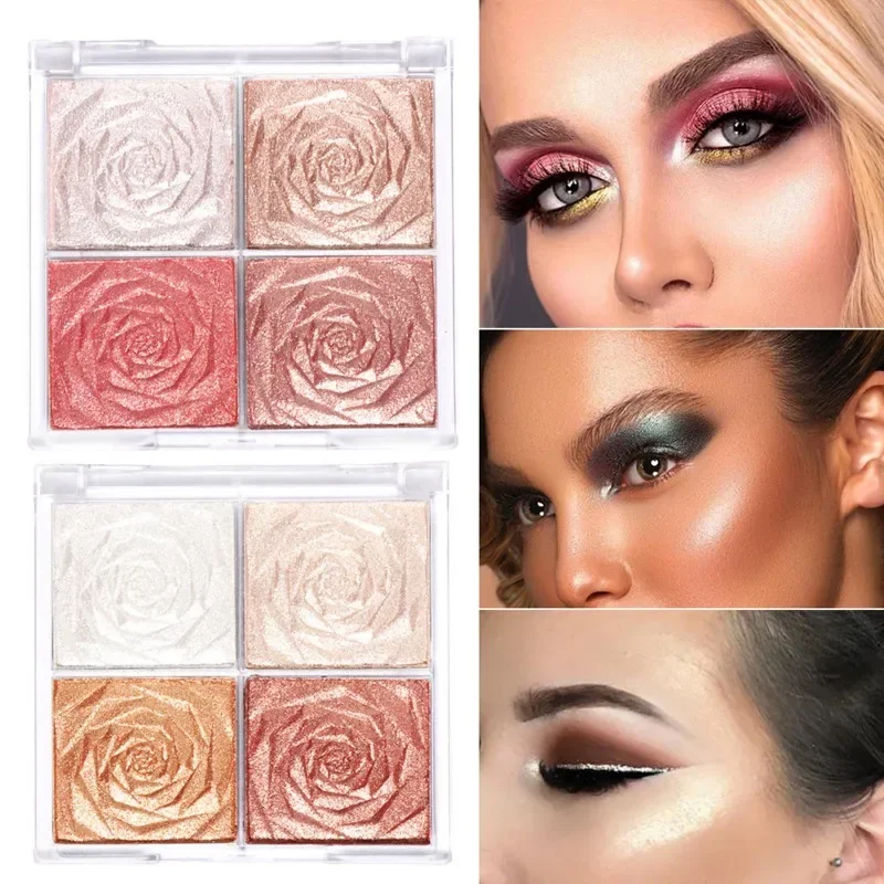 4 Colors Blush Highlighter Palette Makeup Rose Eyeshadow Face Bronzer Shimmer Powder Contour Concealer