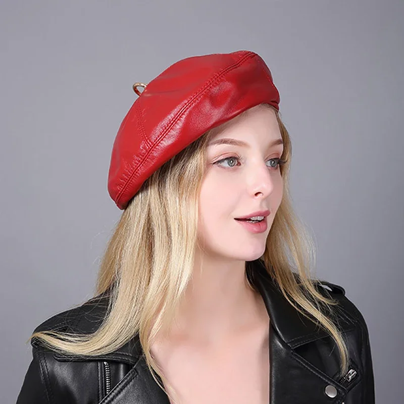 2023 Spring 100% Real Leather Beret Hat Women Fashion European Pumpkin Painter Caps Female Rainbow Color White/Red