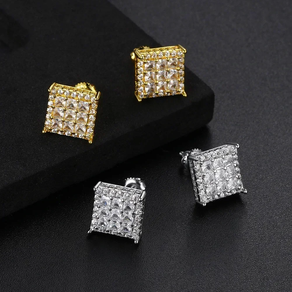 1 Pair Hiphop Rock Stud Earrings for Men Classic Silver Color Jewelry Crystal Iced Out Piercing Cartilage Ear Accessories Gift
