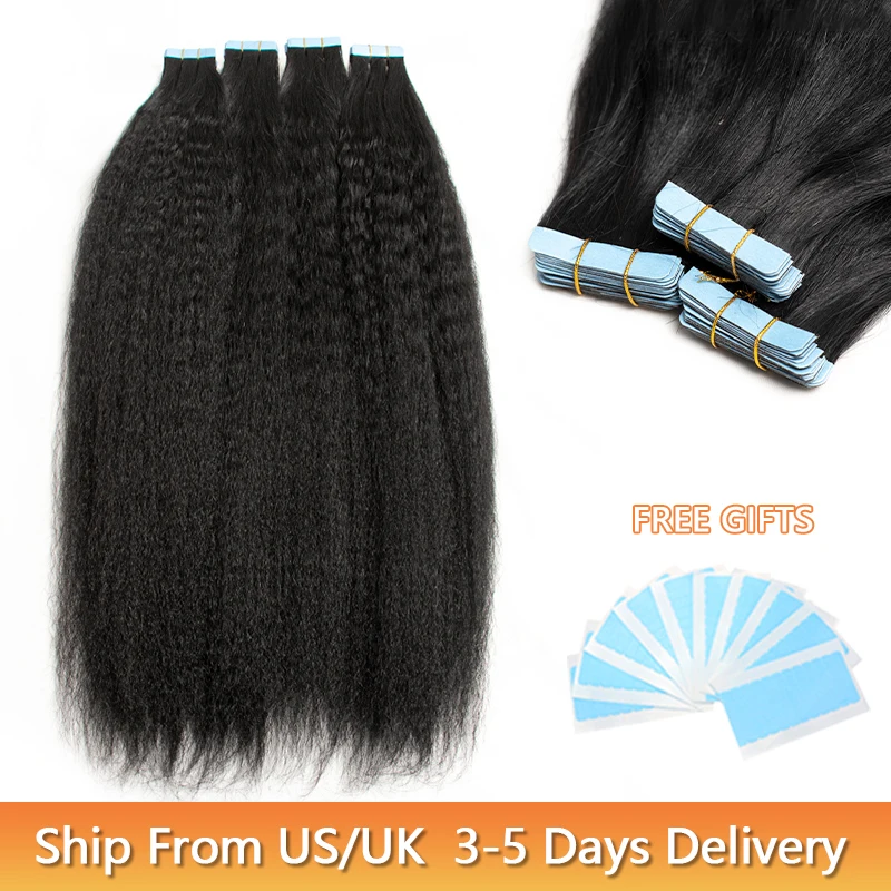 Kinky Straight Tape in Extensions Remy Tape Extensions Human Hair Cuticle Yaki Tape in Hair Extensions 12-26 inch 20pcs