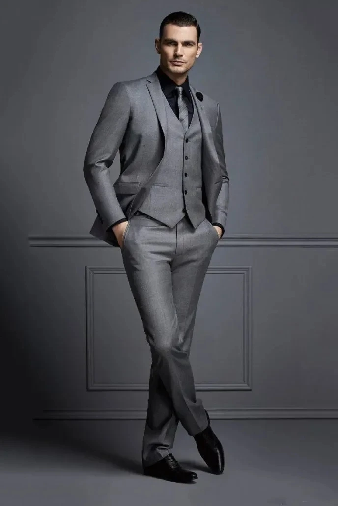 Dark Grey Men Suit Business Formal Groom Man Suits For Wedding Best Man Slim Fit Groom Tuxedos For Man (Jacket+Vest+Pants)