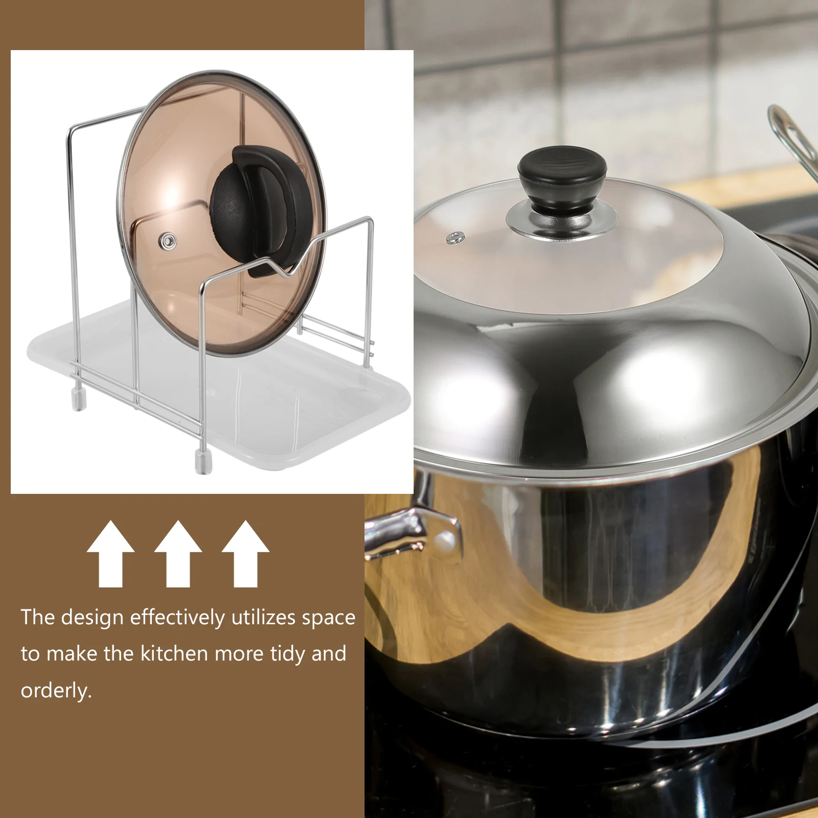 

Stainless Steel Cutting Board Rack Pot Lid Organizer Durable Storage Holder Sleek Modern Kitchen countertop Space Saver