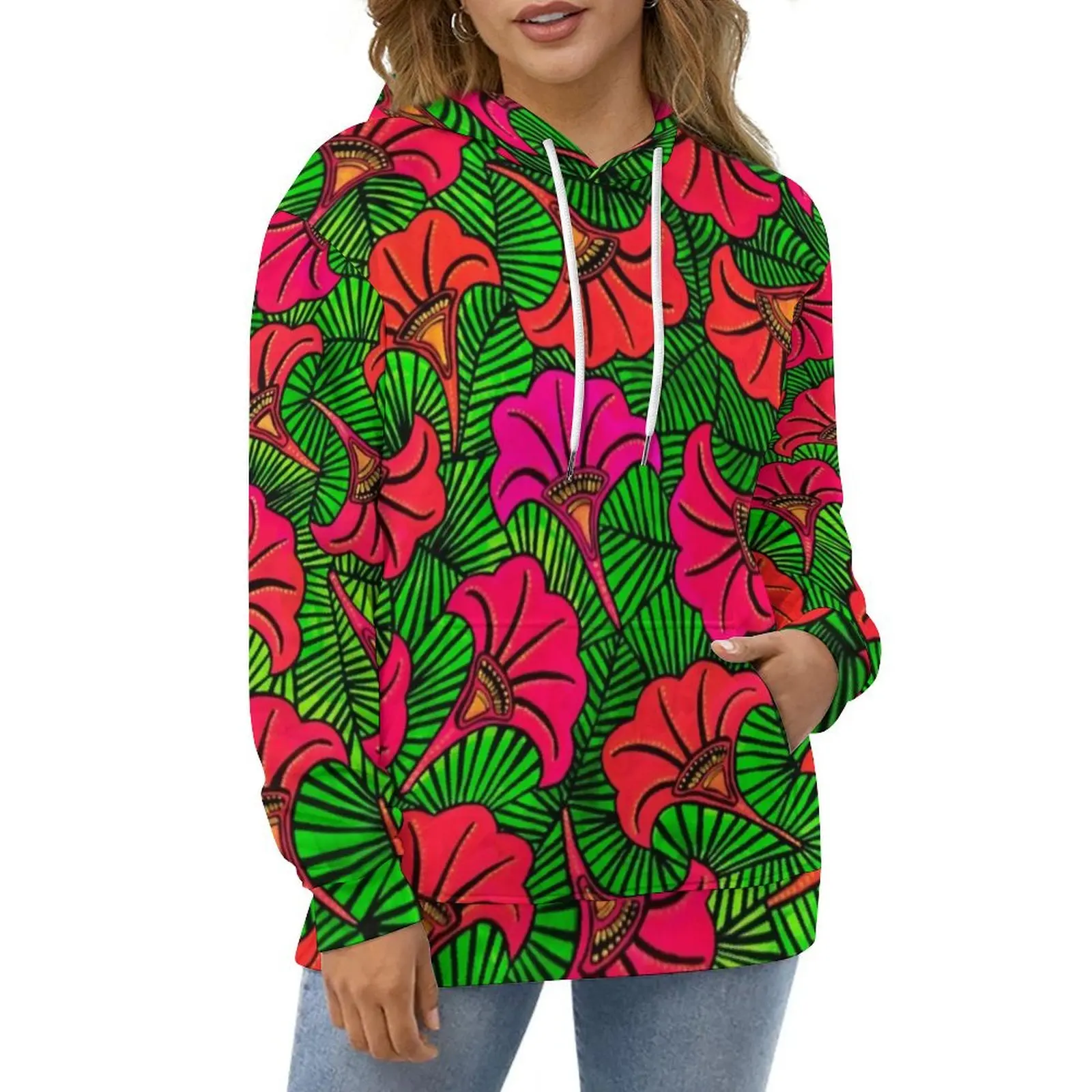 Red Flower Print Hoodies Petunia Capulana Hip Hop Oversize Pullover Hoodie Womens Long Sleeve Design Casual Hooded Sweatshirts