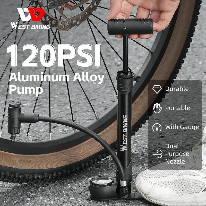 WEST BIKING Bicycle Pump 120PSI Portable Aluminum Alloy Bike Pump With Gauge Schrader Presta Valve Inflator Bike Accessories