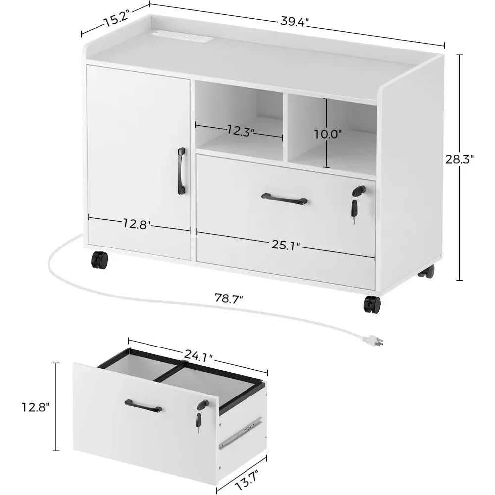 File Cabinet with Charging Station, Mobile Lateral Filing Cabinet with Locking Drawer, Printer Stand with Open Storage Shelf