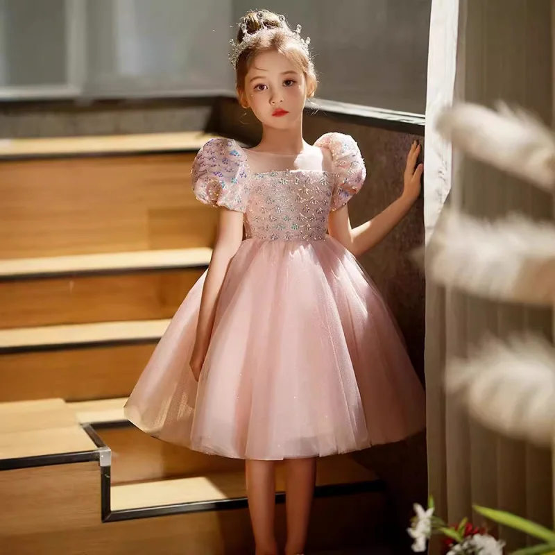 Girls' Formal High-End Children's Host Piano Performance Pink Girl's Birthday Princess Dress Puffy Tulle Spring
