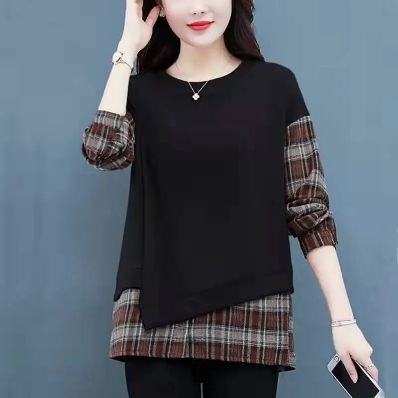 Casual Losse Dames Irt Lente Herfst Plaid Splicing Kleur Blo Basislaag T-shirt Moeder Nep Tweedelige Lange Sve