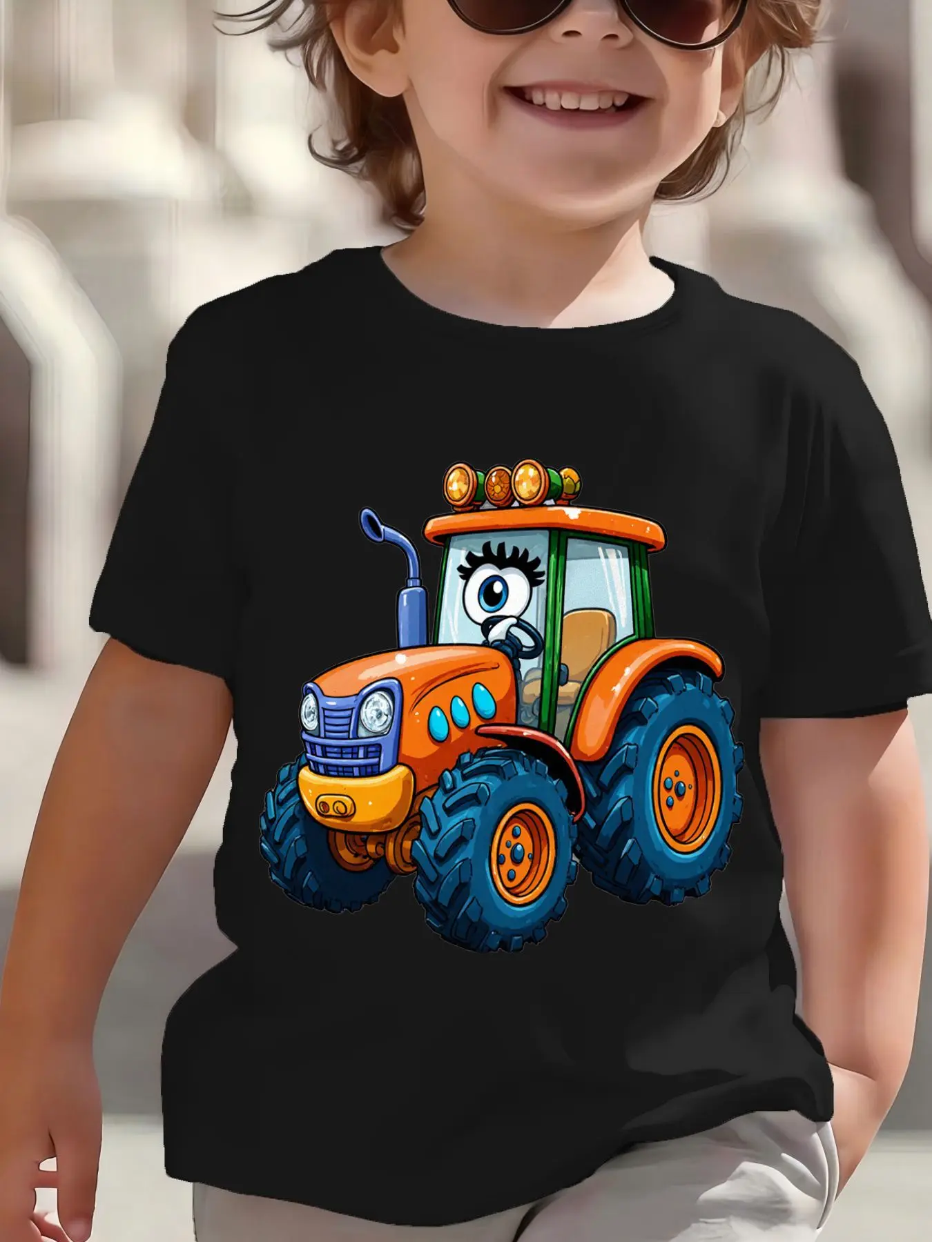 Kids Boys Girls Parent Child Matching Tee Cartoon Tractor Print Short Sleeve Crew Neck Soft Casual Family Daily Party Wear Tee