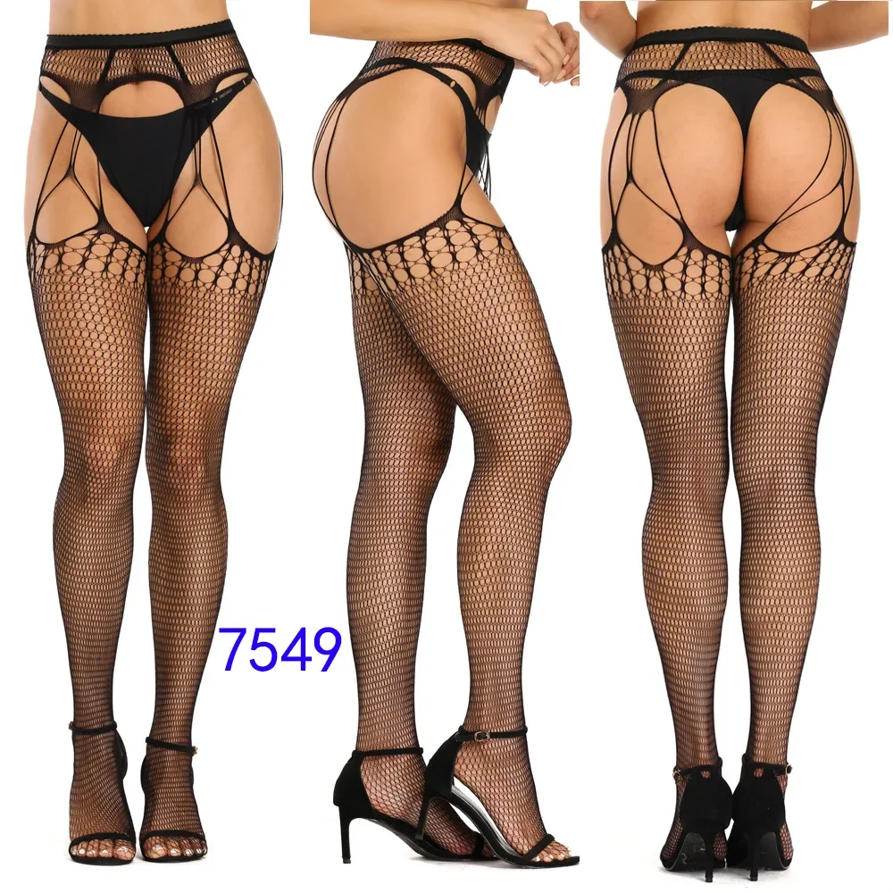 1 Pc Women Black Stockings with Belt Set High Fishnet Tights Erotic Lingerie Sexy Pantyhose Floral Print Long Mesh Lace Stocking