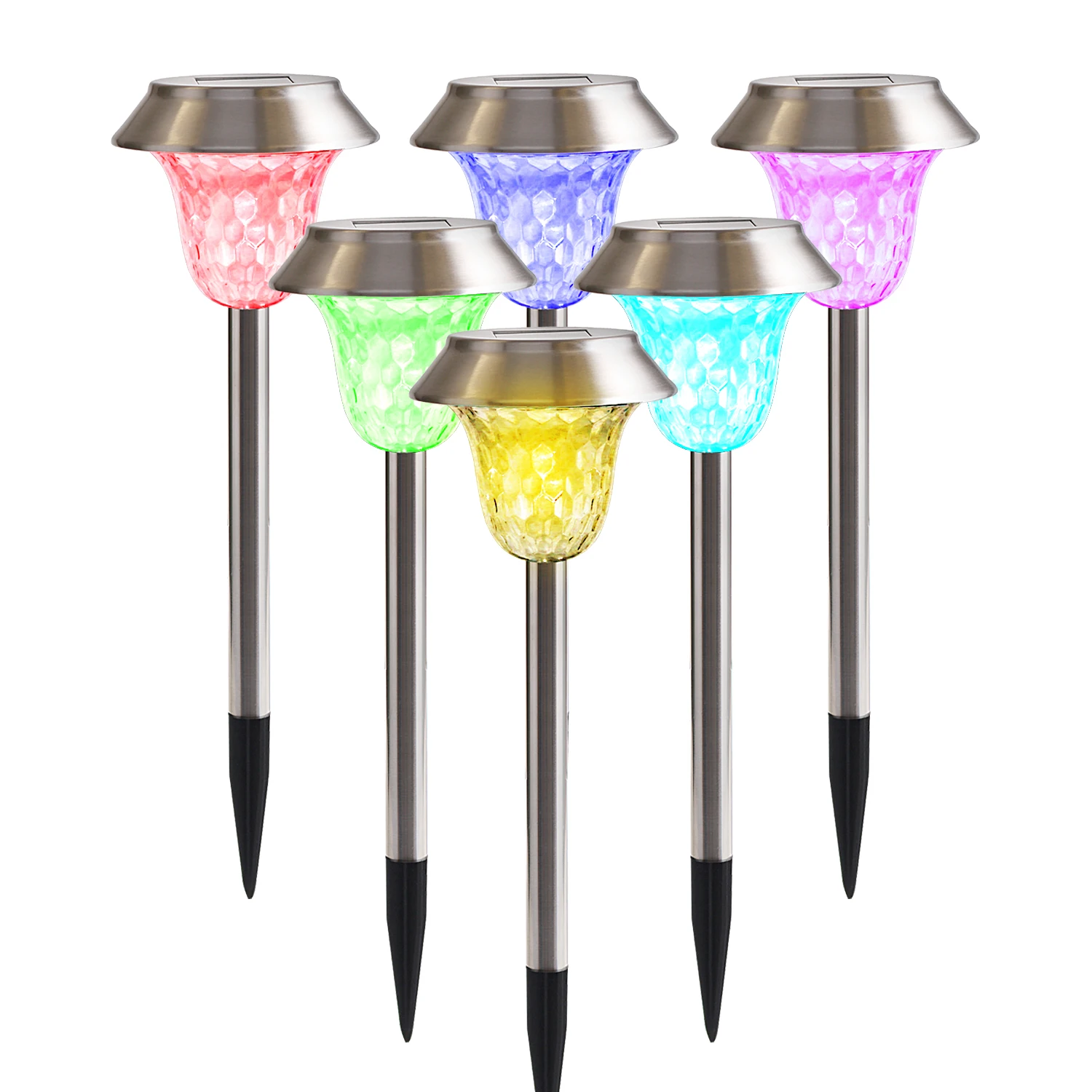 6pack Solar Powered Stainless Steel Warm White/RGB Color-changing Garden Lawn Lights, Outdoor Waterproof LED Yard Stakes Landsca