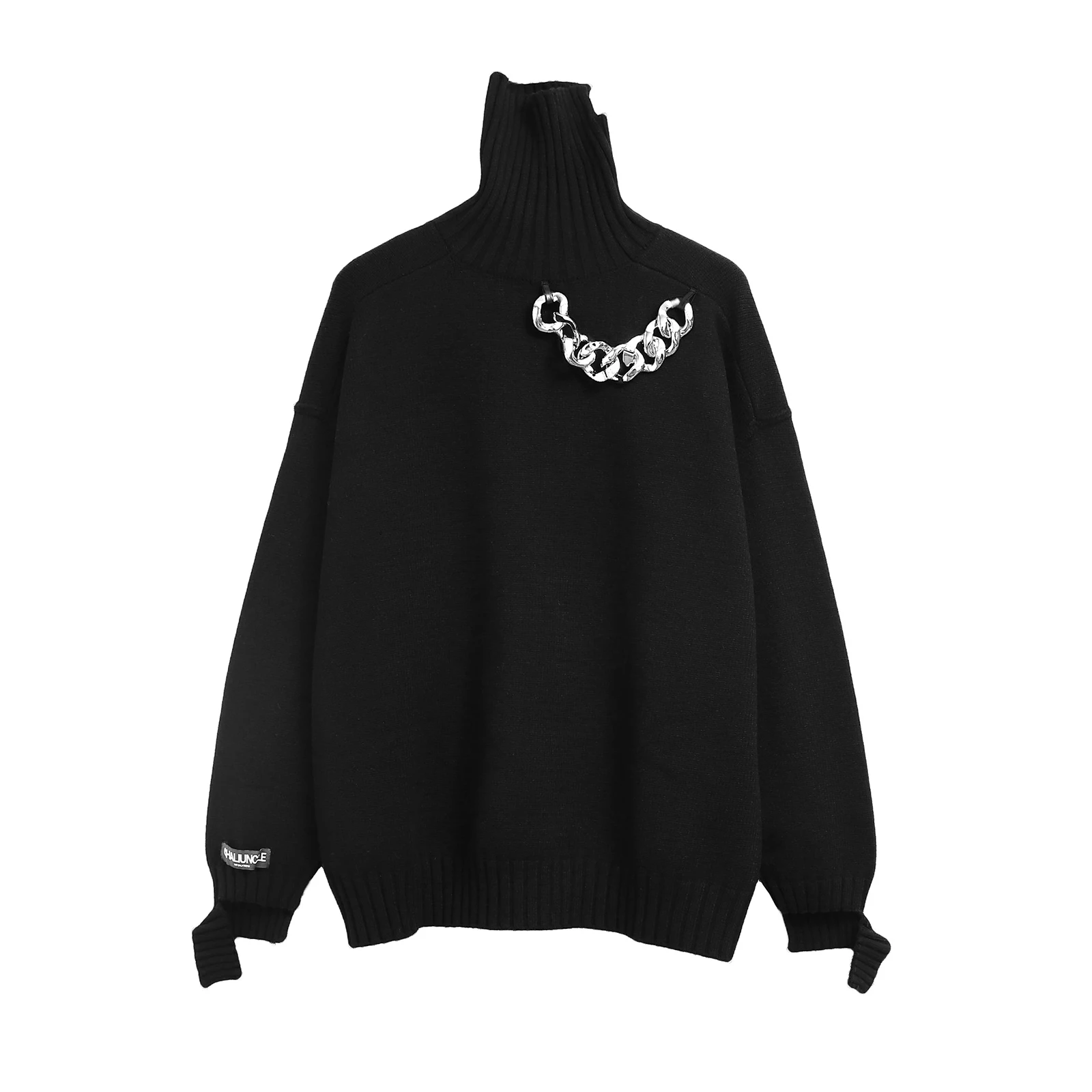 High Street Dark Black Winter Warm Sweatder Men's High Neck Iron Chain Decoration Streetwear Casual Sweater Tops