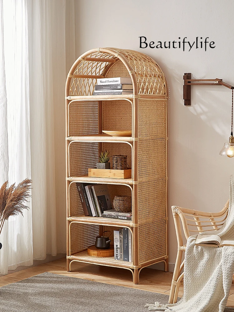 Japanese-Style Rattan Bookshelf Small Apartment Living Room Storage Display Stand