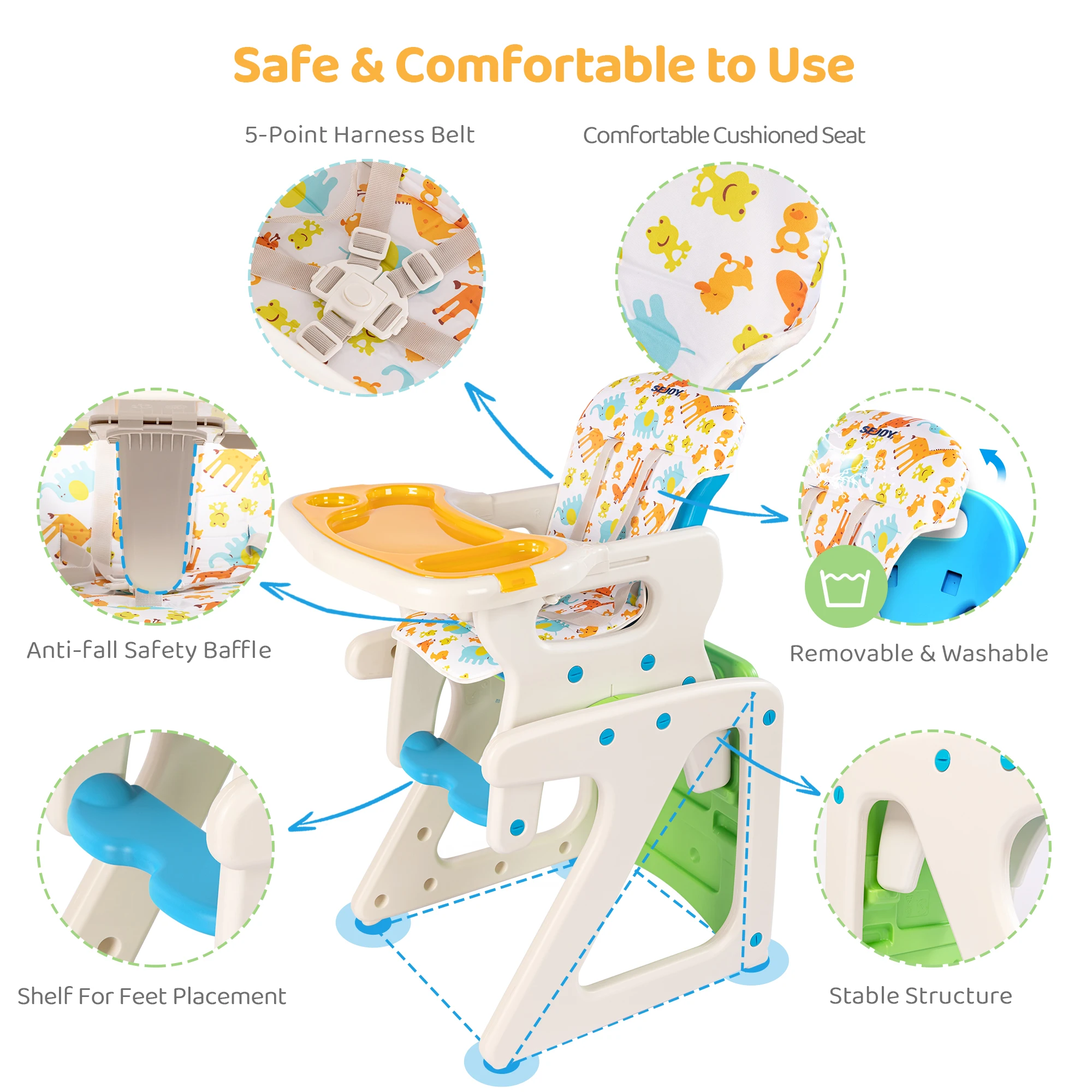 Sejoy High Chair for Baby Toddler Chair Highchairs with Adjustable Seat Back Detachable Seat Cushion for Baby Infants Toddlers