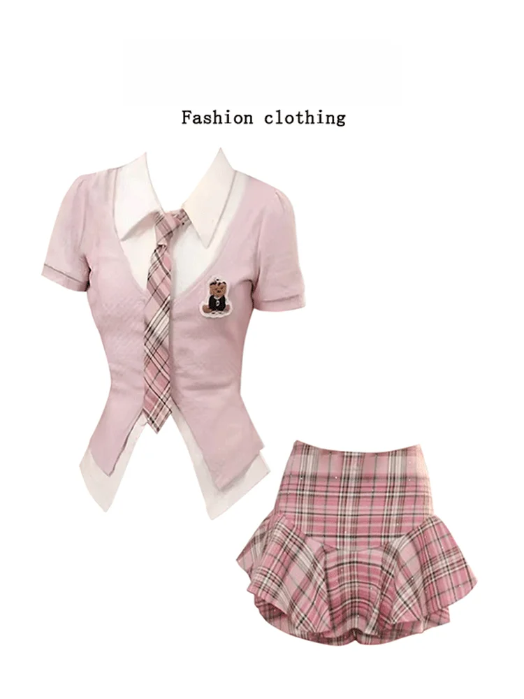 

American College Sle JK orm Set Women Summer Two-Piece Plaid Skirt Ne ort Sve Outfit Faionable Ensemble