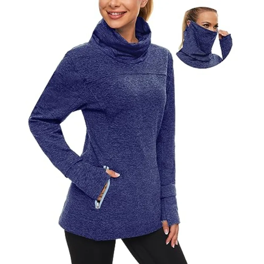 Soneven Women's Running Fleece Sweatshirts Cowl Neck Pullover Long sleeve Shirt with Thumb Holes and Neck Gaiter Face Mask