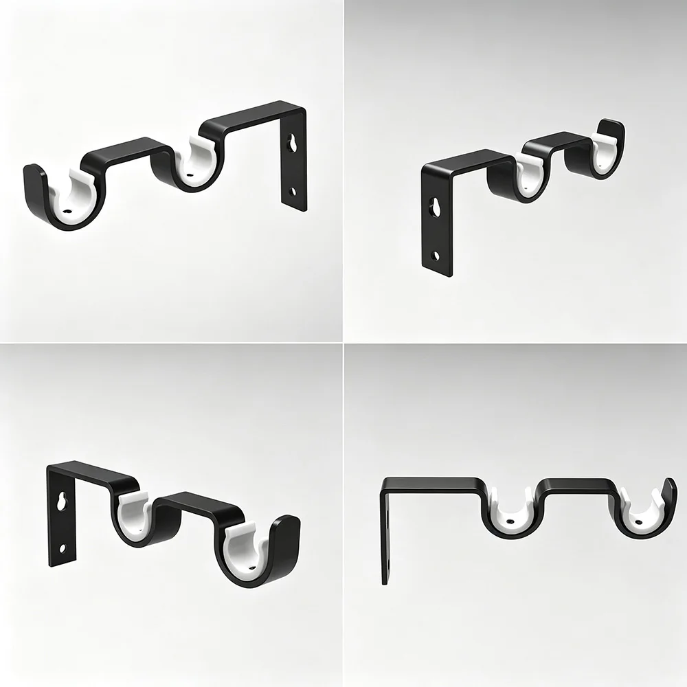 Black Double-Layer Curtain Rod Bracket, Self-Locking Double Rod Curtain Holder, Thickened Metal Curtain Bracket, Curtain Track Bracket Accessories Suitable for 1.6-1.9cm Curtain Rods, Roman Rod Fixed Base
