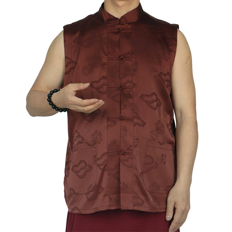 

Summer Satin Vest Nepal Tibetan Temples Lama Tops Silk Brocade Print Waistcoat Buttons Stand Collar Monk Singlet CT061