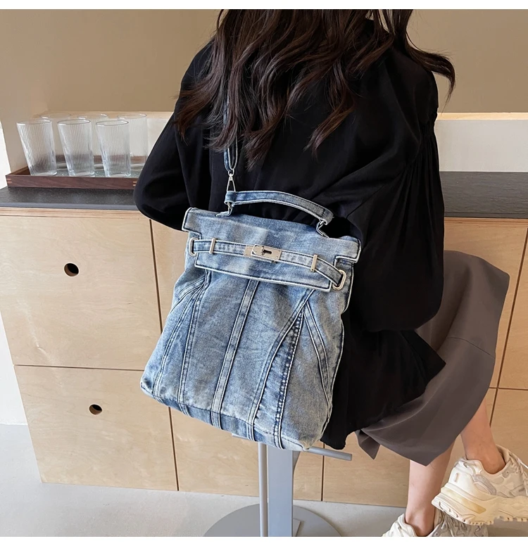 Large Denim Teenage Bookbag Rucksack Fashion Girl Backpack Women Shoulder Bag High School Schoolbag Black Mochila