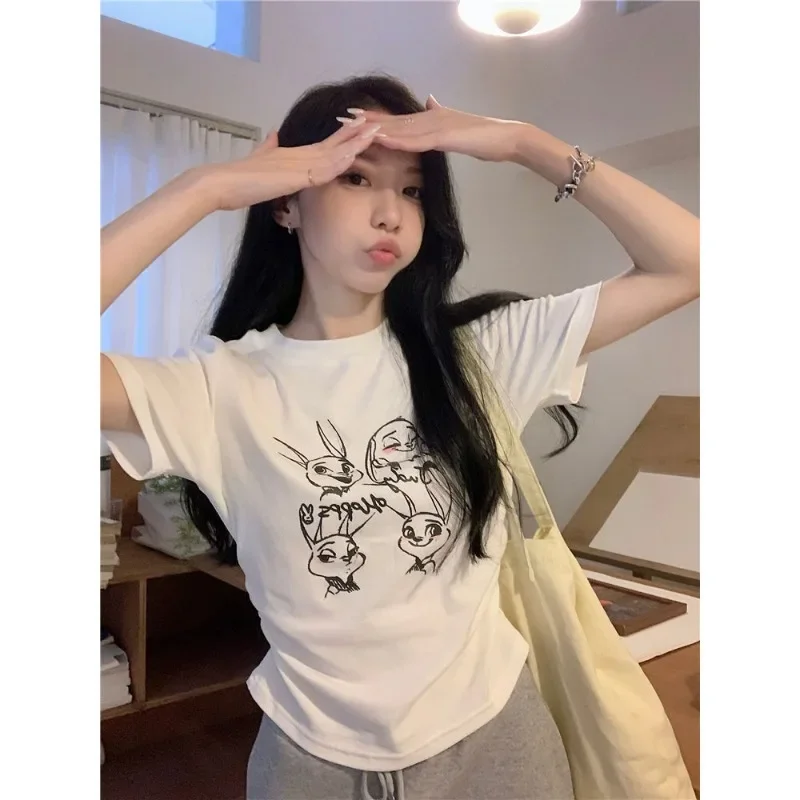 الصيف قصيرة الأكمام Harajuku Y2k تي شيرت الكورية طيات الخصر النحيف Camisetas الحلو الأبيض أرنب طباعة تيز المرأة س الرقبة