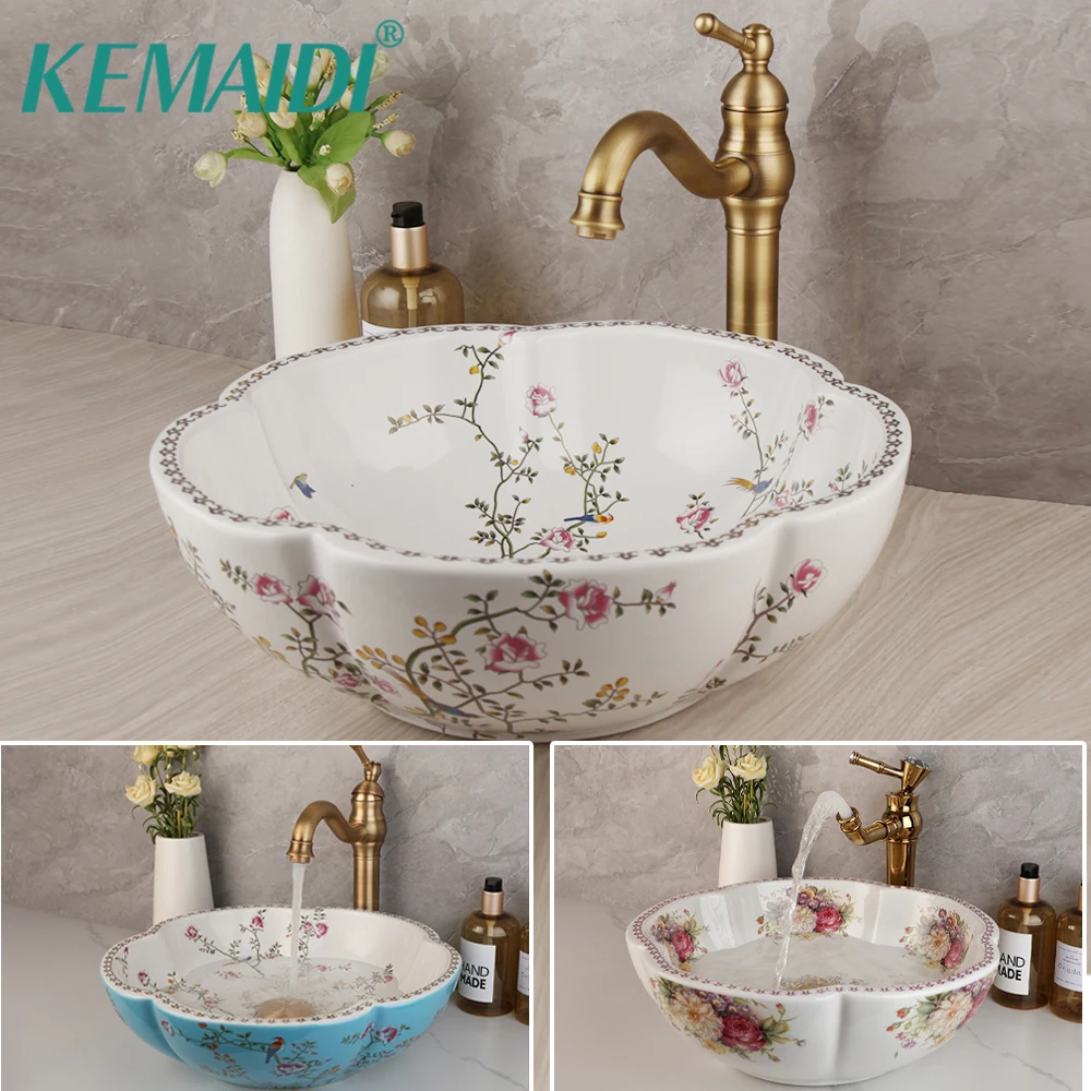 KEMAIDI Vessel Sink Blue White Jingdezhen Flower Shape Ceramic Countertop Art Wash Basin Sink Faucet Combo for Bathroom Bar