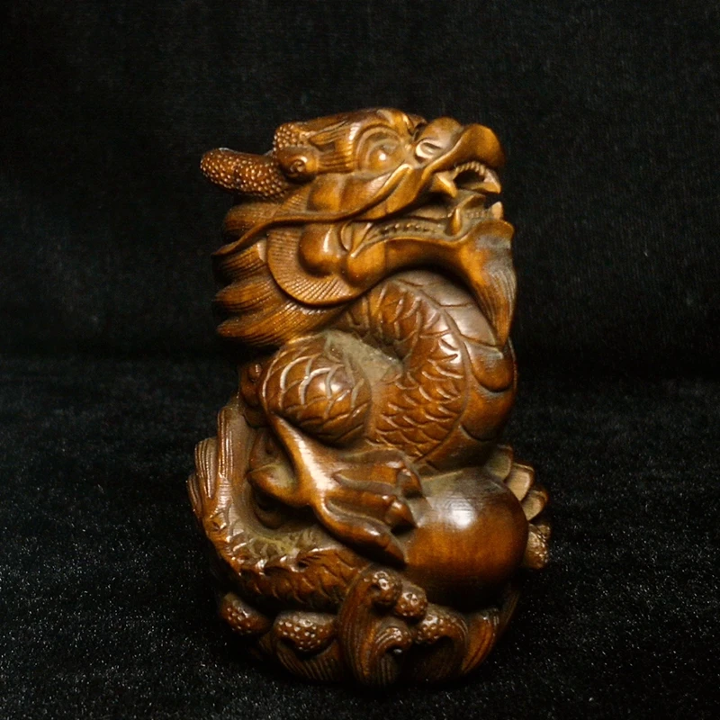 YIZHU CULTUER ART Size 2.7 Inch Old Chinese Boxwood Hand carved Dragon figurine Statue Desk Decoration Gift Collection